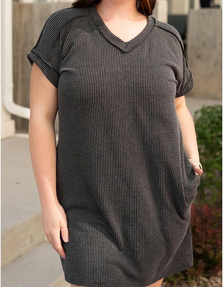 Carbon Grey Corded V Neck Plus Size T Shirt Dress with Pockets
