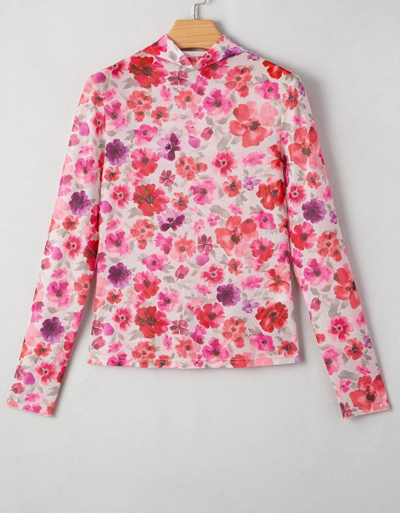 Red Floral Print Long Sleeve Slim Fit Mesh Top