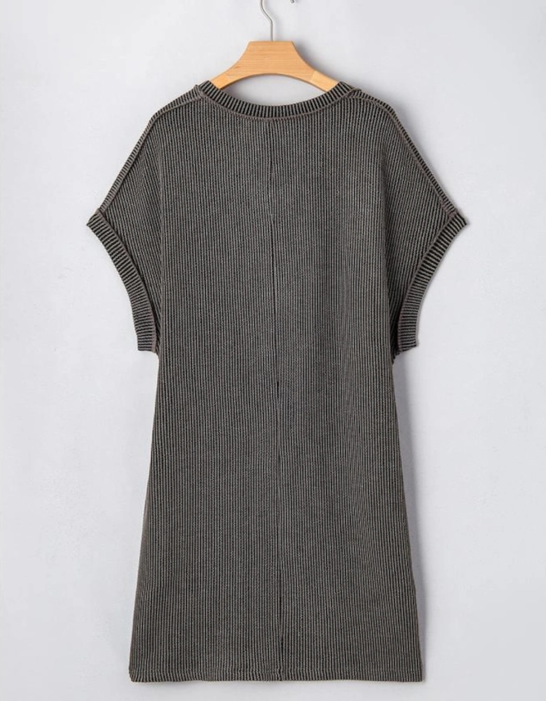 Carbon Grey Corded V Neck Plus Size T Shirt Dress with Pockets