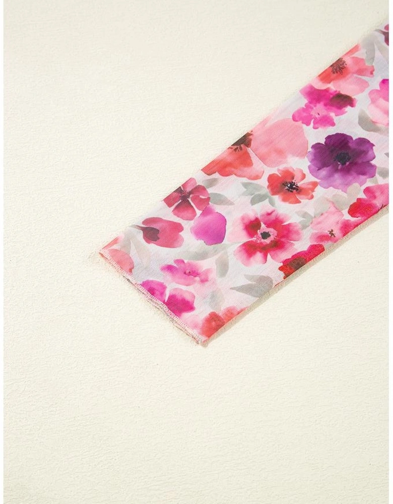 Red Floral Print Long Sleeve Slim Fit Mesh Top