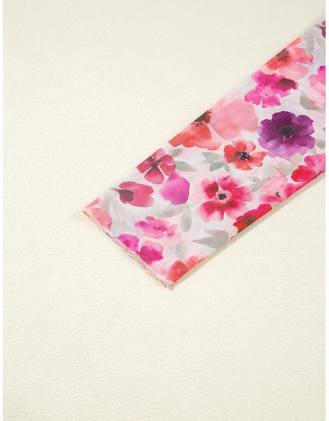 Red Floral Print Long Sleeve Slim Fit Mesh Top