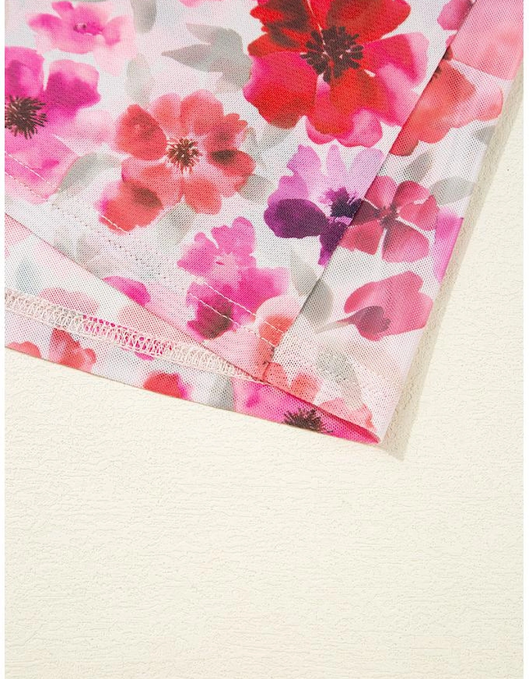 Red Floral Print Long Sleeve Slim Fit Mesh Top