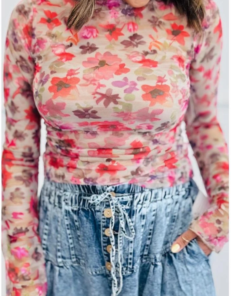 Red Floral Print Long Sleeve Slim Fit Mesh Top