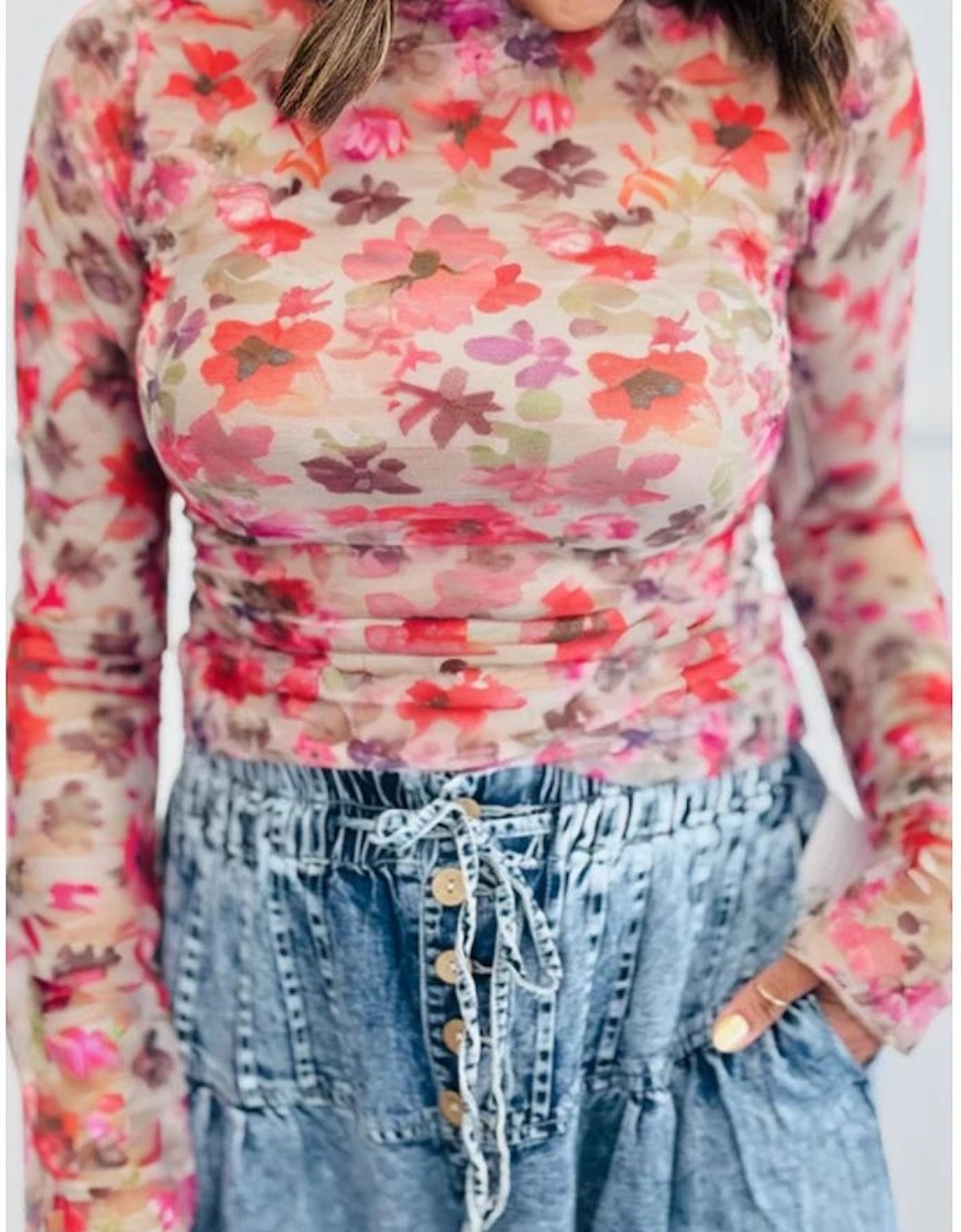 Red Floral Print Long Sleeve Slim Fit Mesh Top