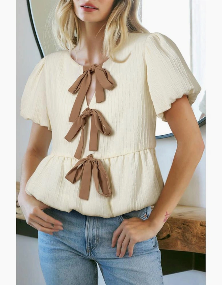 White Textured Bow Ties Front Bubble Hem Puff Short Sleeve Blouse