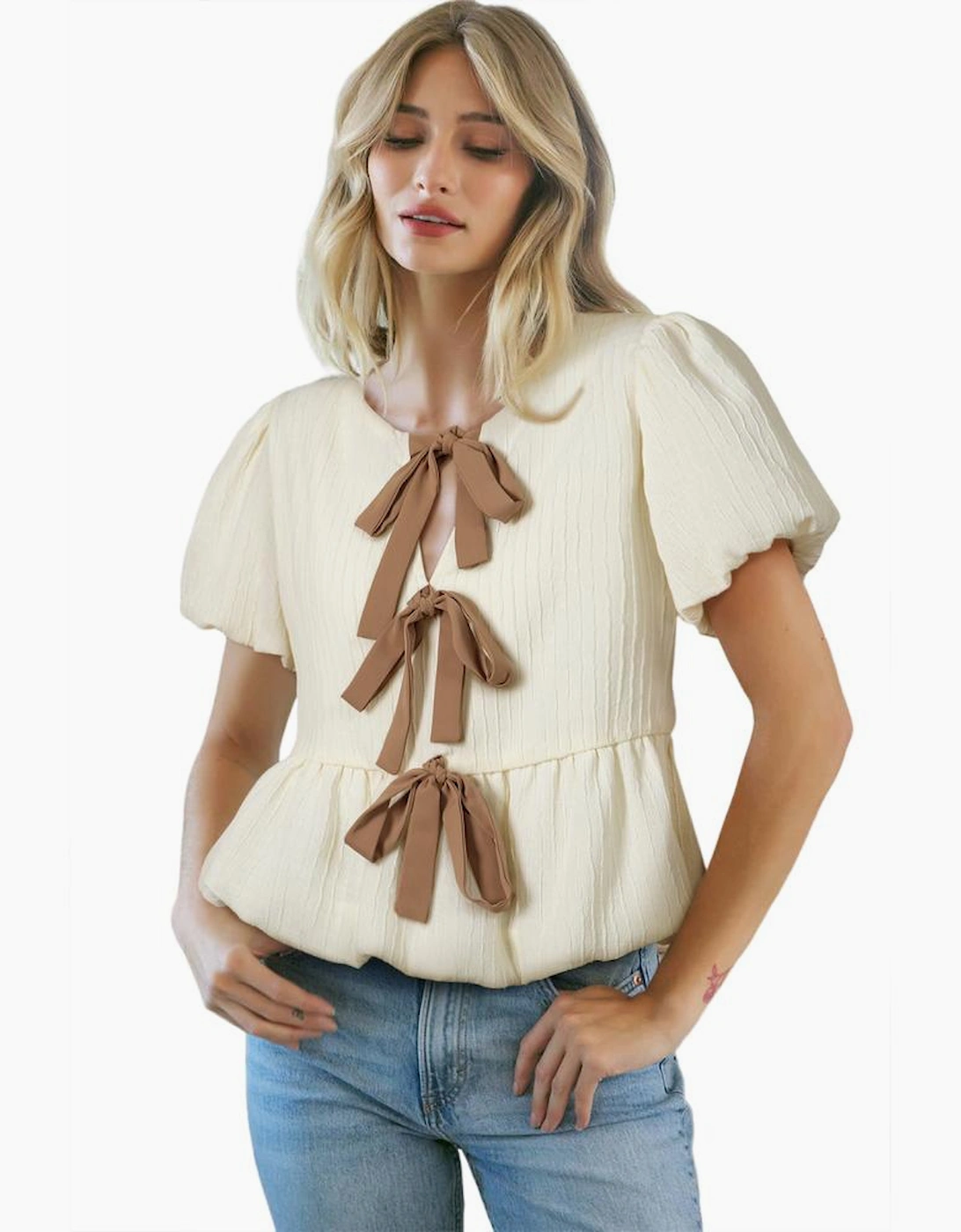 White Textured Bow Ties Front Bubble Hem Puff Short Sleeve Blouse