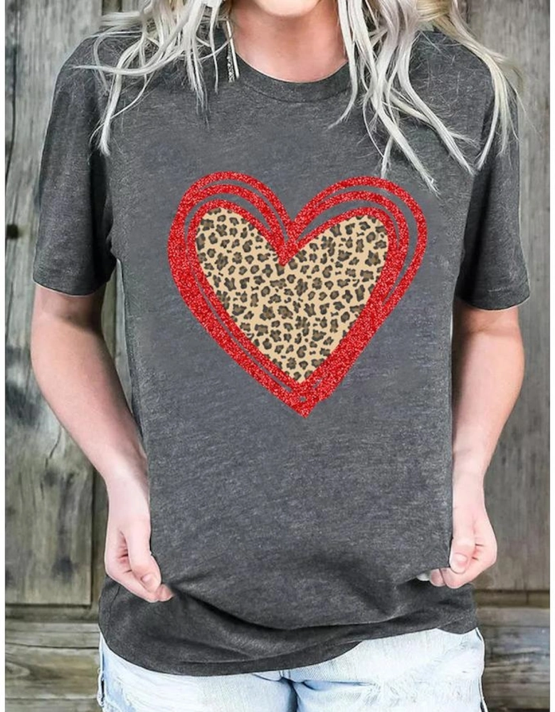 Gray Sequin Leopard Heart Graphic T-shirt
