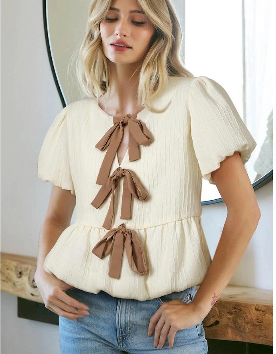 White Textured Bow Ties Front Bubble Hem Puff Short Sleeve Blouse
