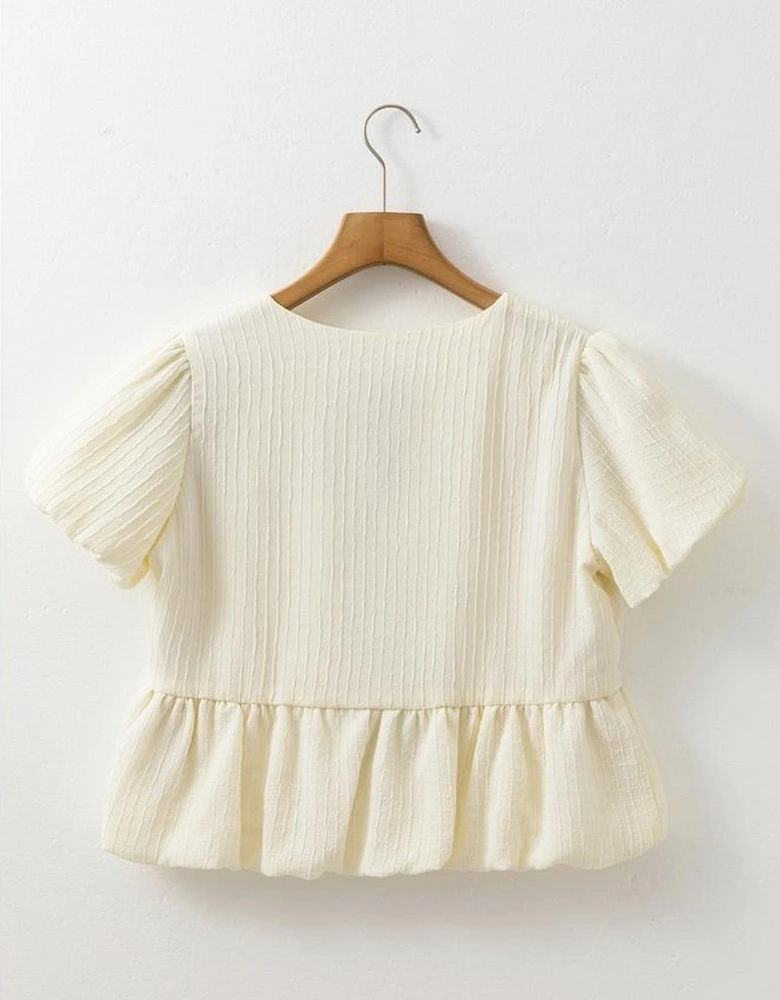 White Textured Bow Ties Front Bubble Hem Puff Short Sleeve Blouse
