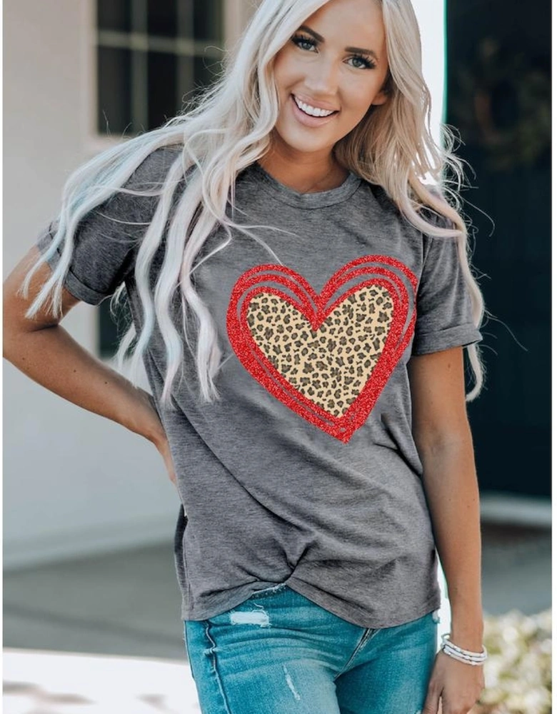 Gray Sequin Leopard Heart Graphic T-shirt