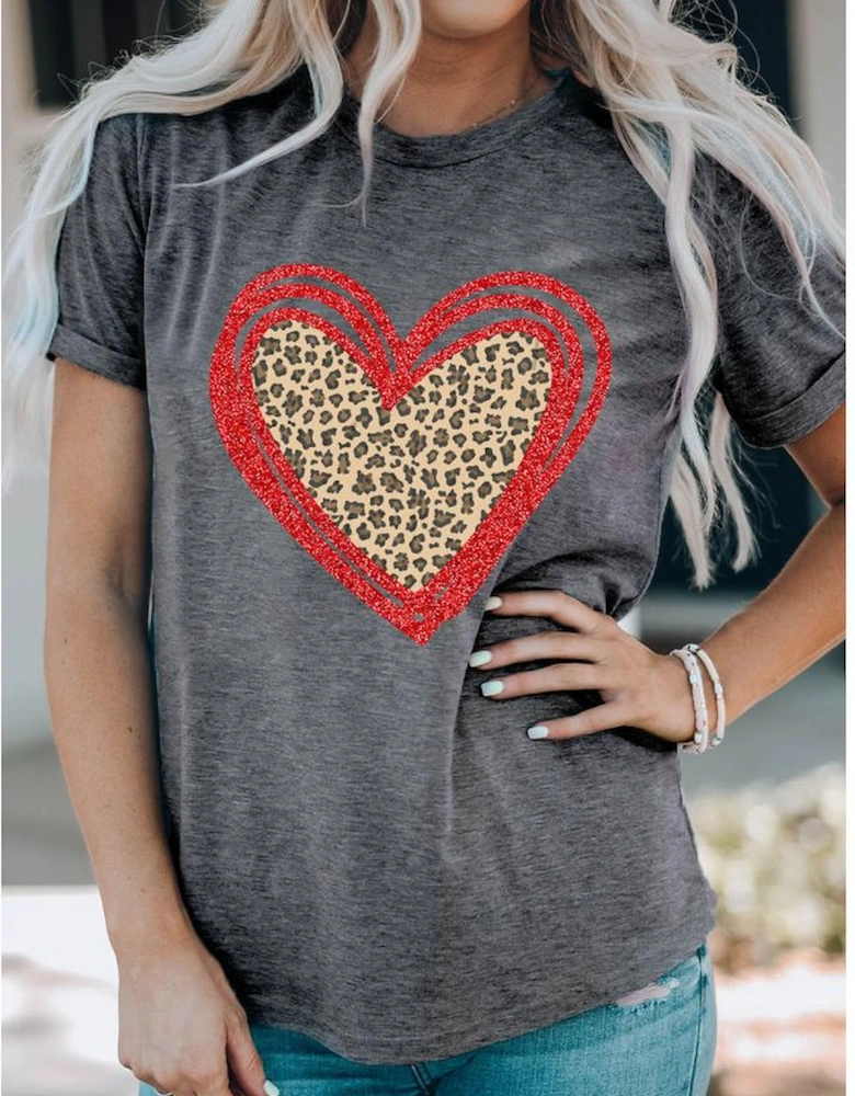 Gray Sequin Leopard Heart Graphic T-shirt