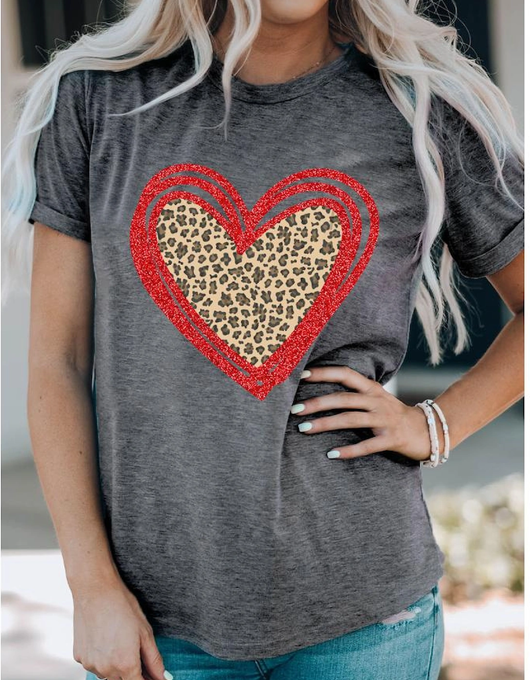 Gray Sequin Leopard Heart Graphic T-shirt
