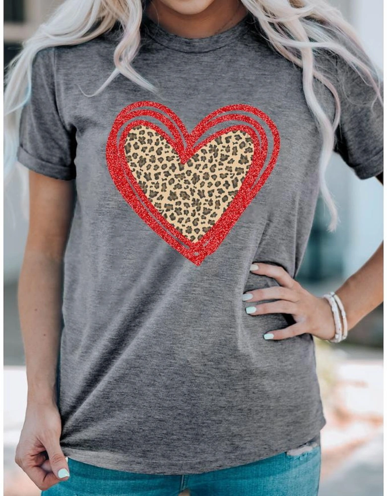 Gray Sequin Leopard Heart Graphic T-shirt