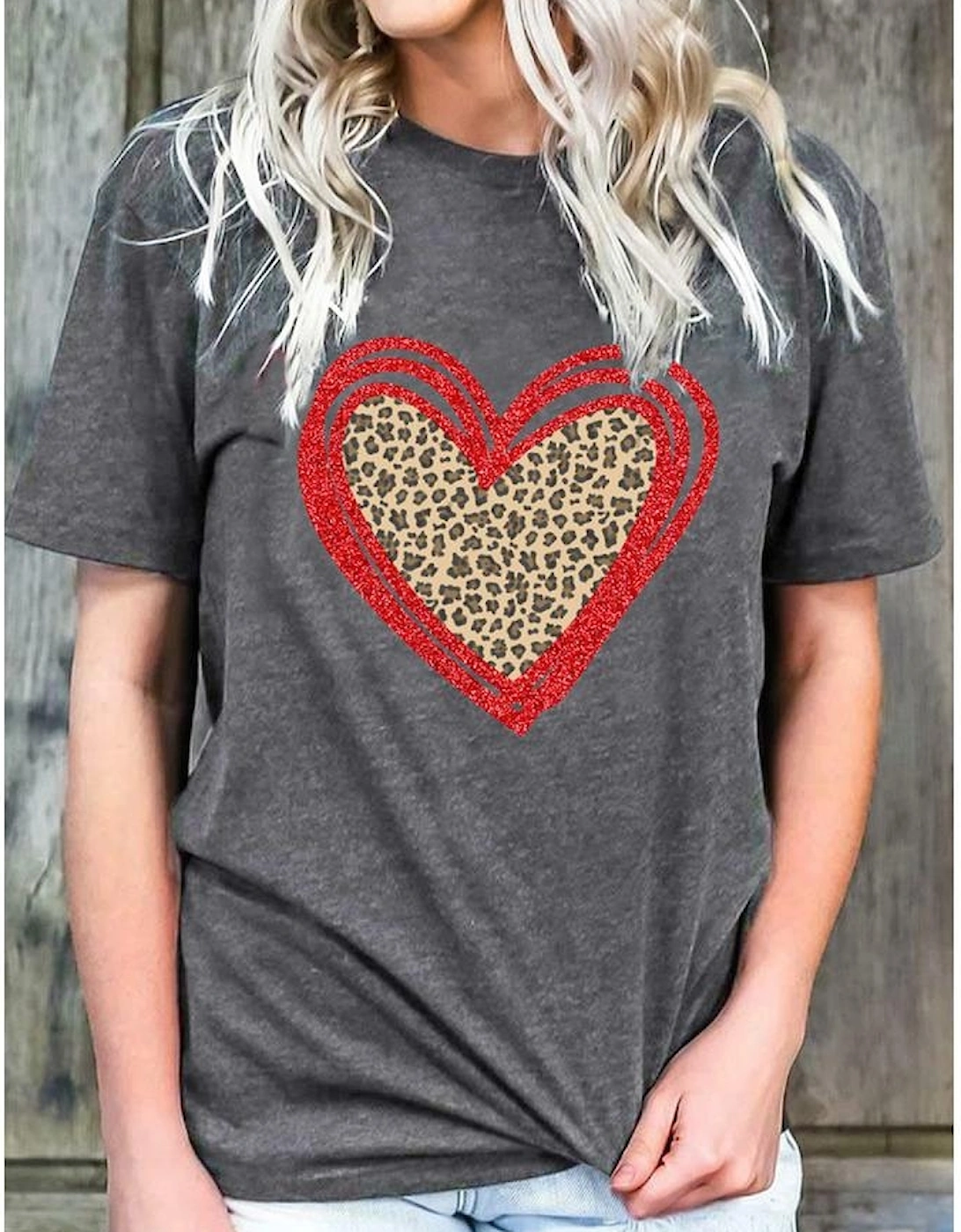 Gray Sequin Leopard Heart Graphic T-shirt
