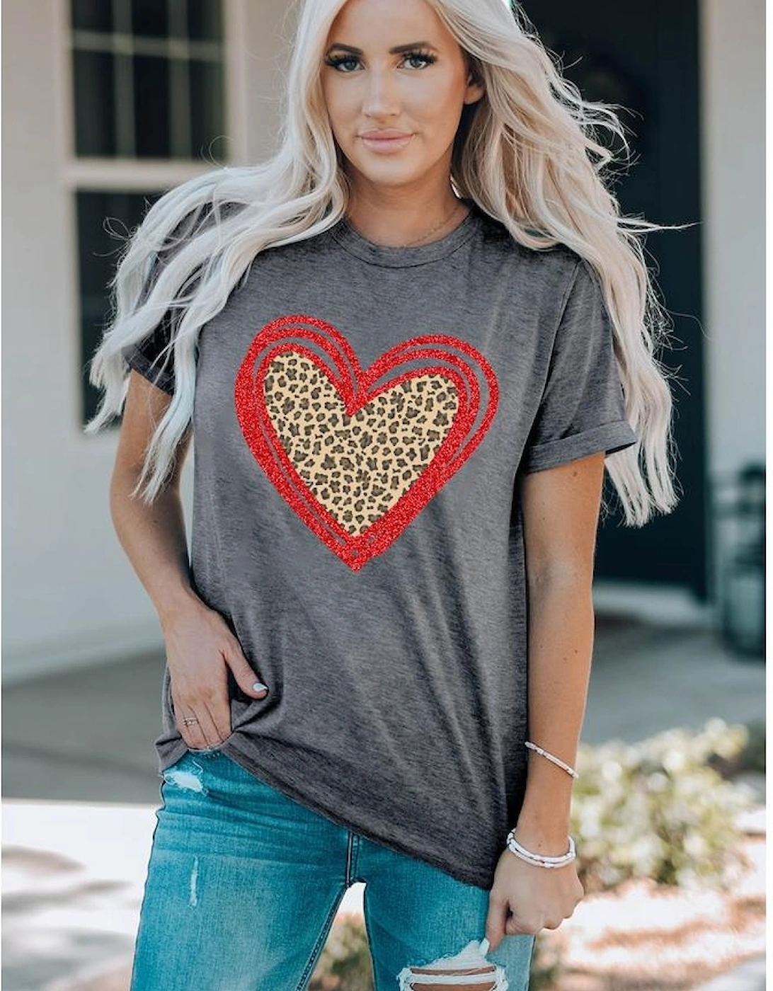 Gray Sequin Leopard Heart Graphic T-shirt