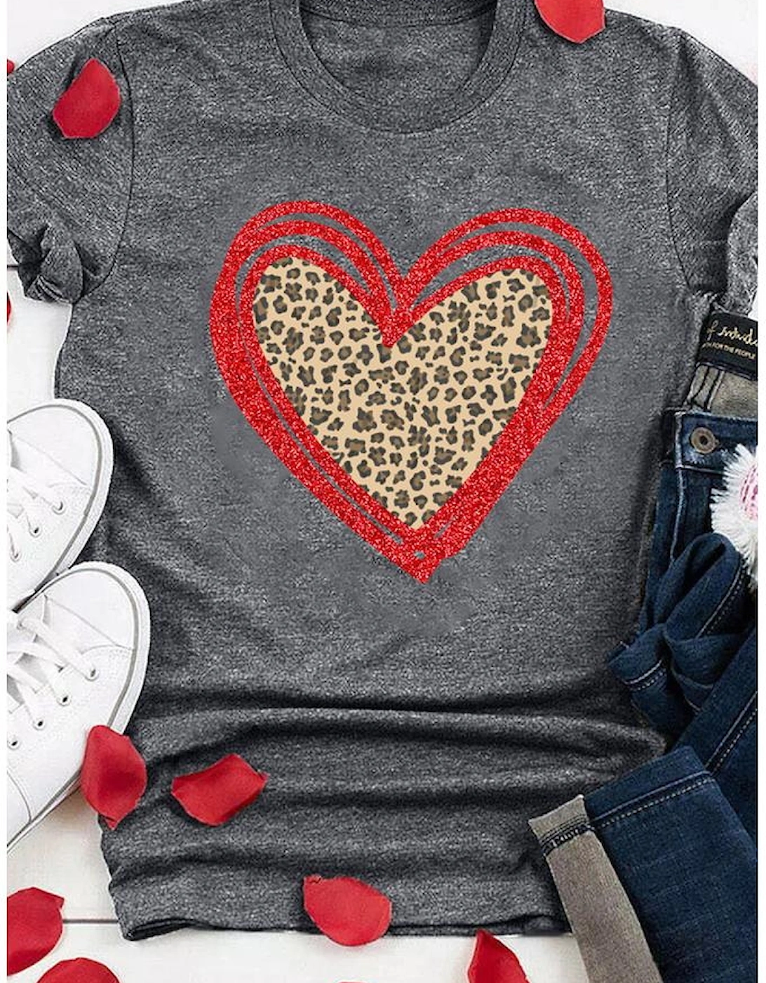 Gray Sequin Leopard Heart Graphic T-shirt