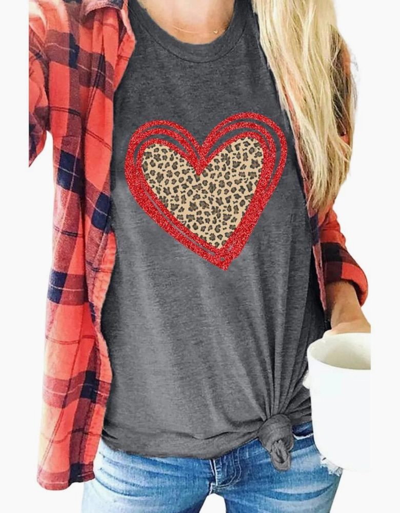 Gray Sequin Leopard Heart Graphic T-shirt