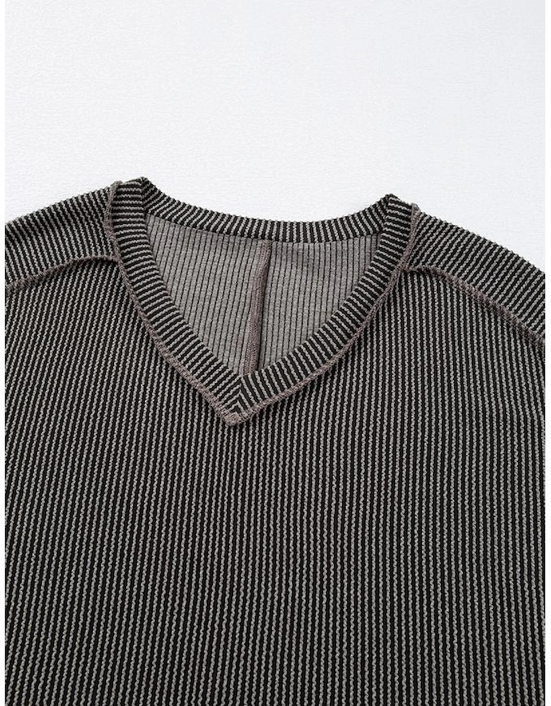 Carbon Grey Corded V Neck Plus Size T Shirt Dress with Pockets