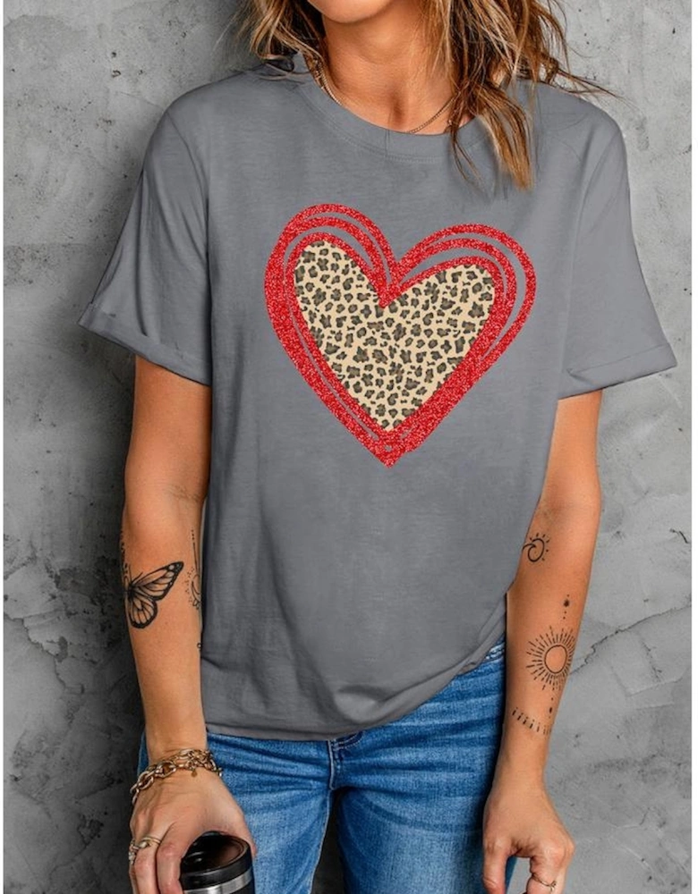 Gray Sequin Leopard Heart Graphic T-shirt