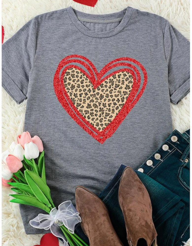 Gray Sequin Leopard Heart Graphic T-shirt