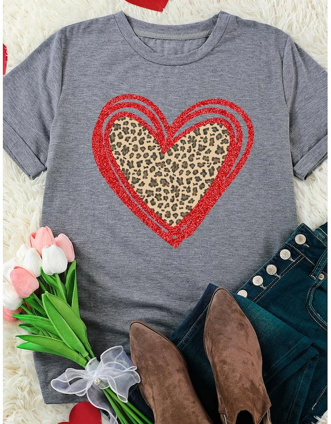 Gray Sequin Leopard Heart Graphic T-shirt