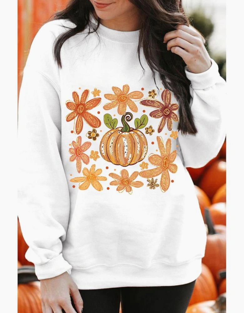 White Flower Pumpkin Printed Cotton Blend Sweatshirt