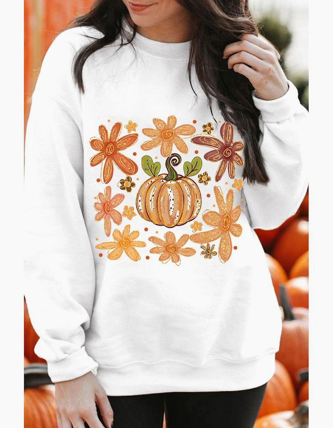 White Flower Pumpkin Printed Cotton Blend Sweatshirt