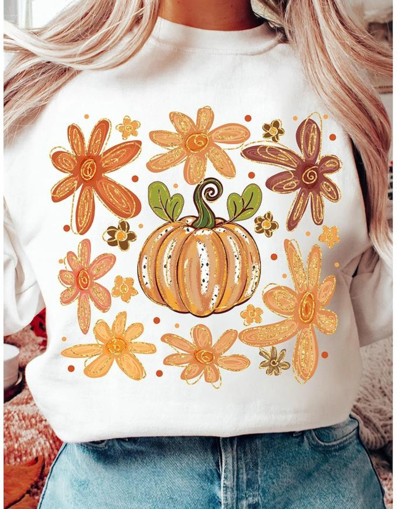 White Flower Pumpkin Printed Cotton Blend Sweatshirt