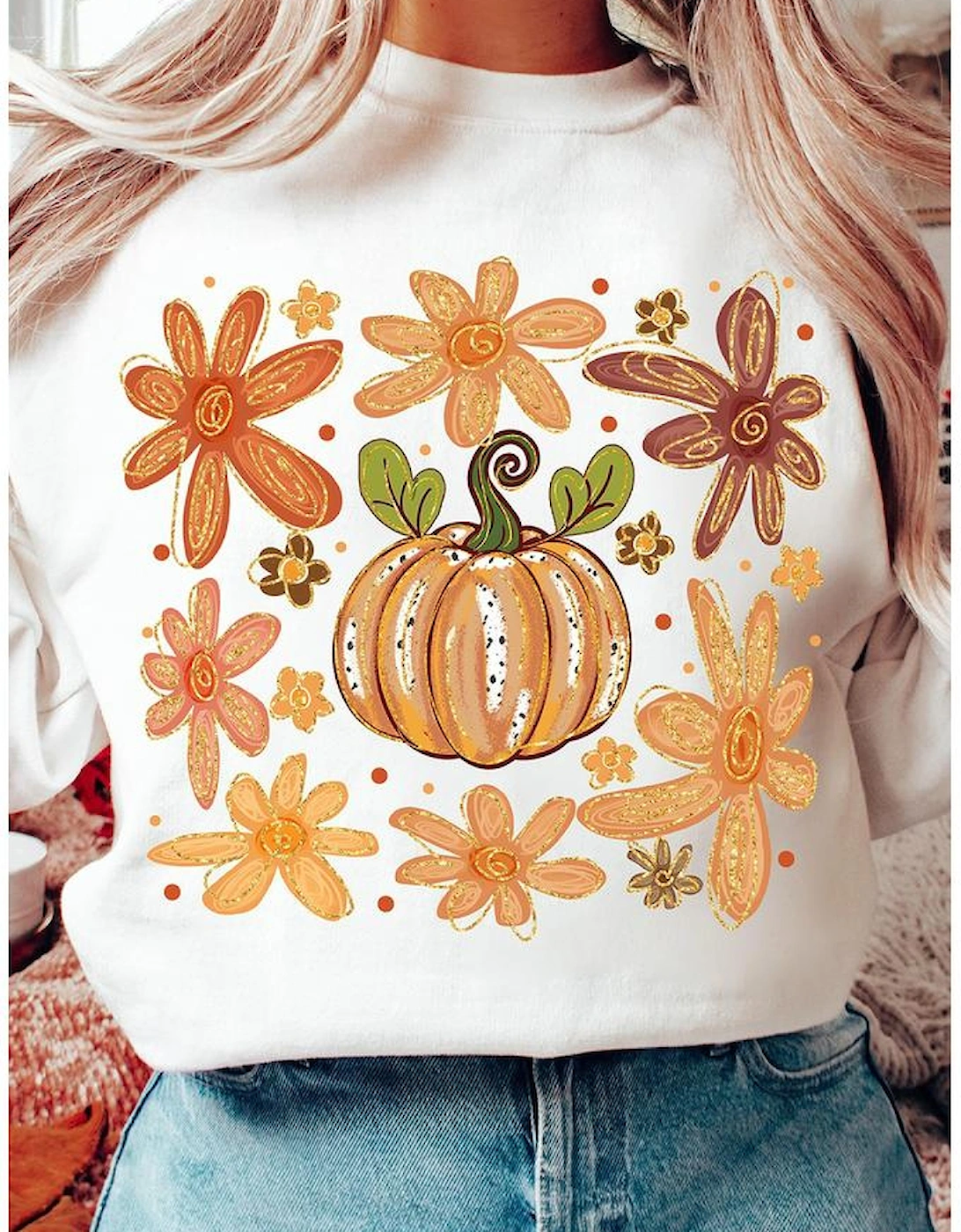 White Flower Pumpkin Printed Cotton Blend Sweatshirt