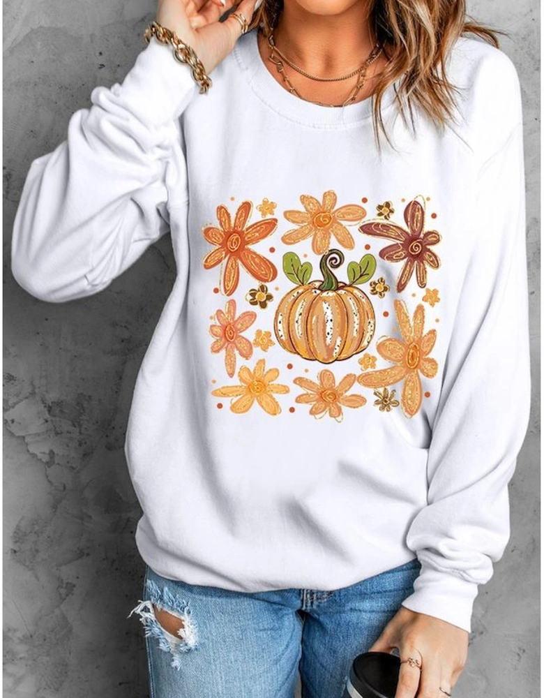 White Flower Pumpkin Printed Cotton Blend Sweatshirt