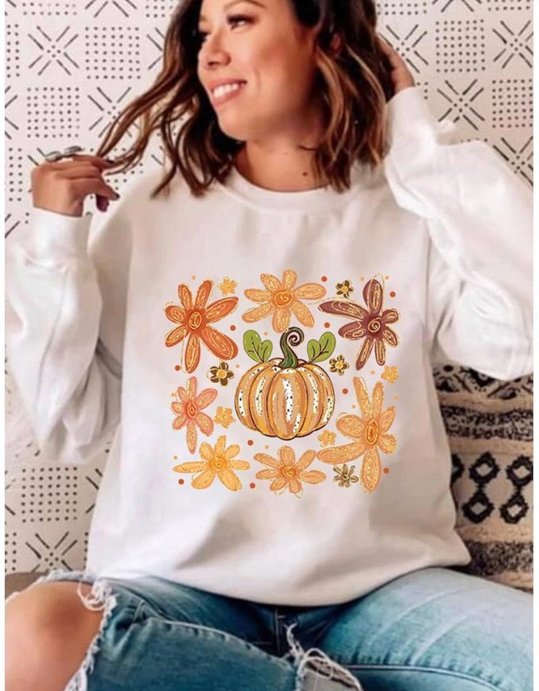 White Flower Pumpkin Printed Cotton Blend Sweatshirt