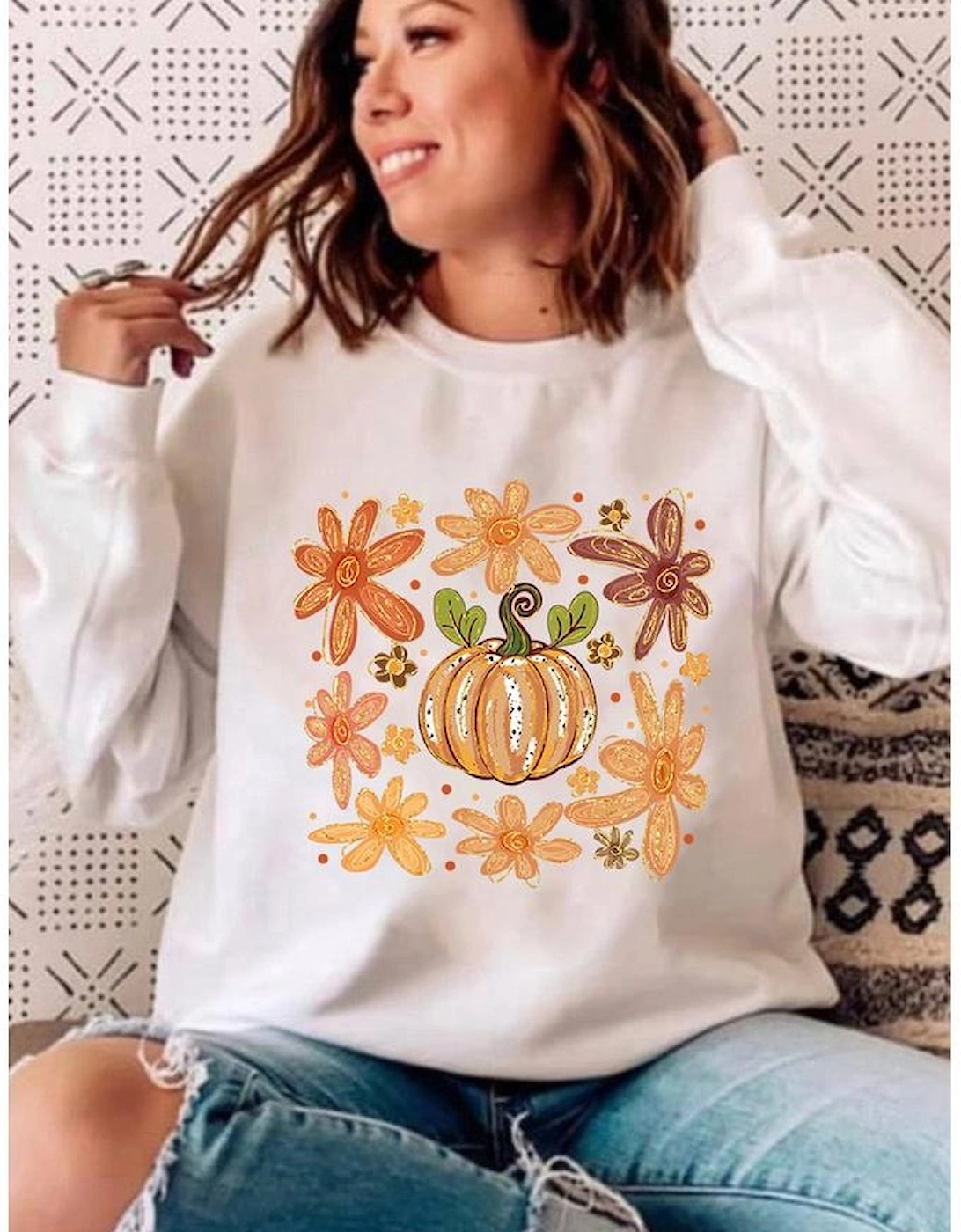 White Flower Pumpkin Printed Cotton Blend Sweatshirt