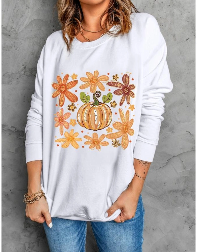 White Flower Pumpkin Printed Cotton Blend Sweatshirt