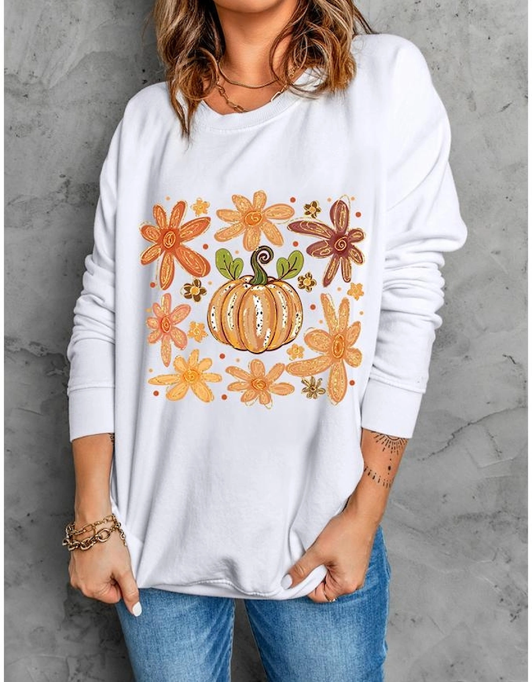 White Flower Pumpkin Printed Cotton Blend Sweatshirt