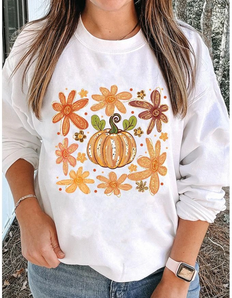 White Flower Pumpkin Printed Cotton Blend Sweatshirt