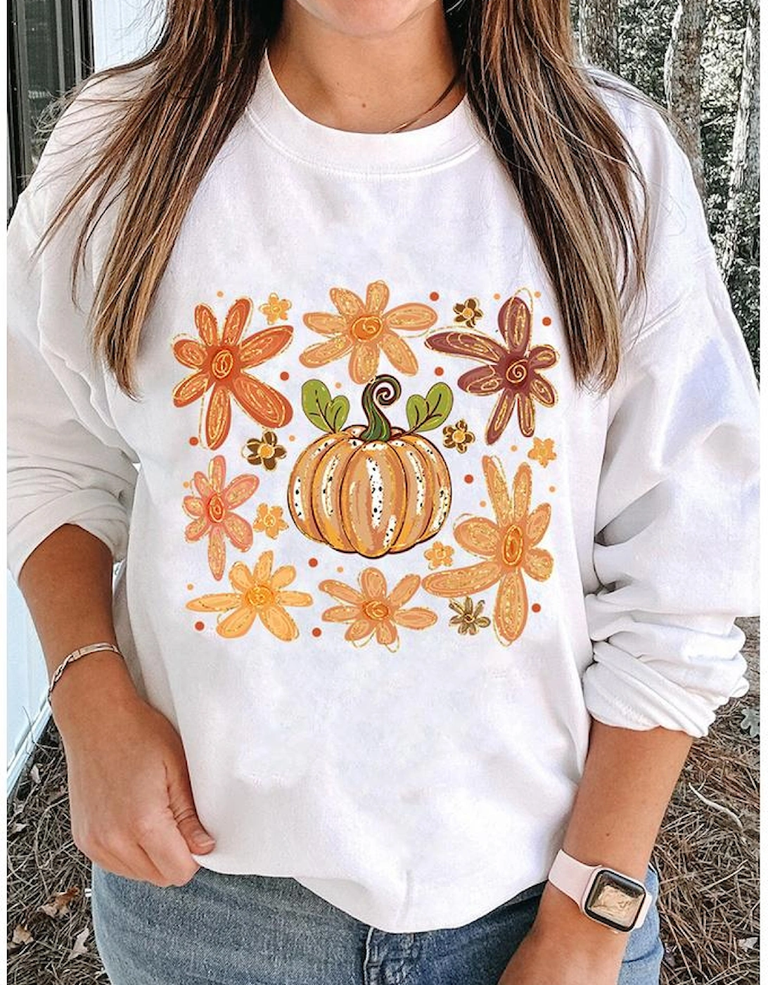 White Flower Pumpkin Printed Cotton Blend Sweatshirt