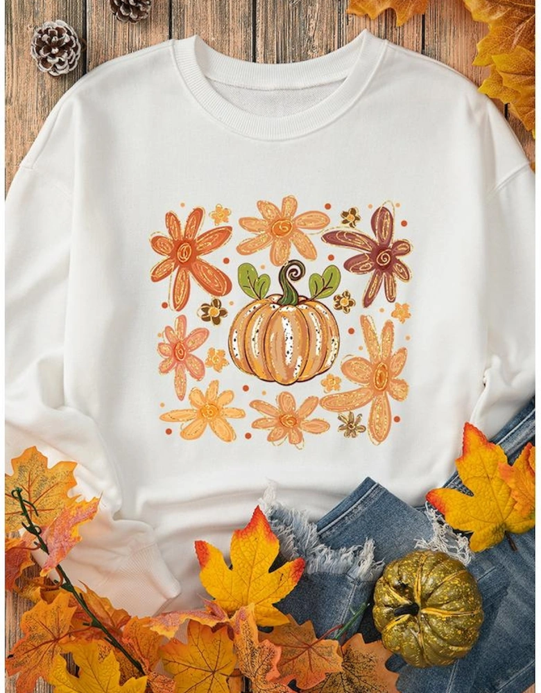 White Flower Pumpkin Printed Cotton Blend Sweatshirt