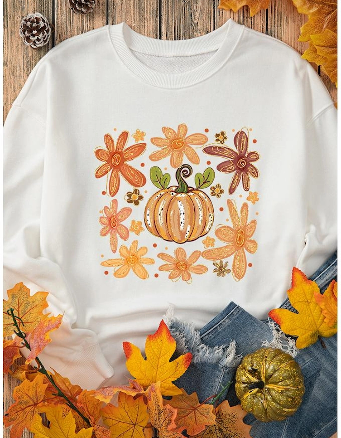 White Flower Pumpkin Printed Cotton Blend Sweatshirt, 10 of 9