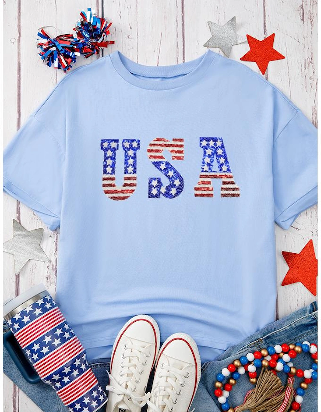 Myosotis USA Patched Drop Sleeve Crewneck T Shirt, 6 of 5