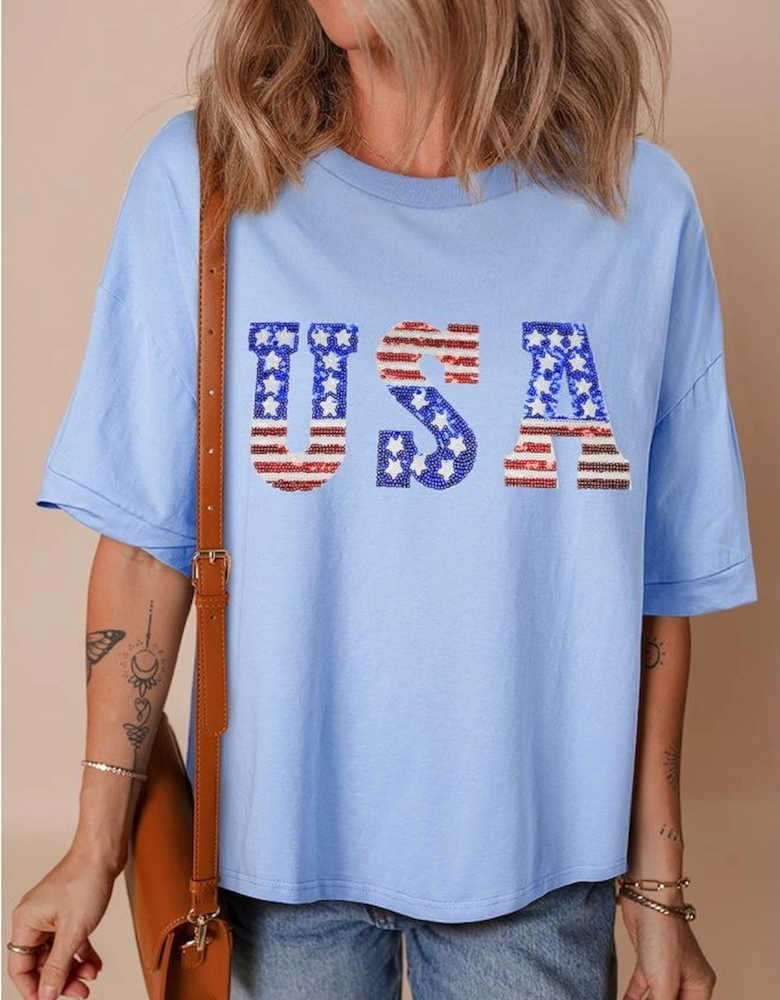 Myosotis USA Patched Drop Sleeve Crewneck T Shirt