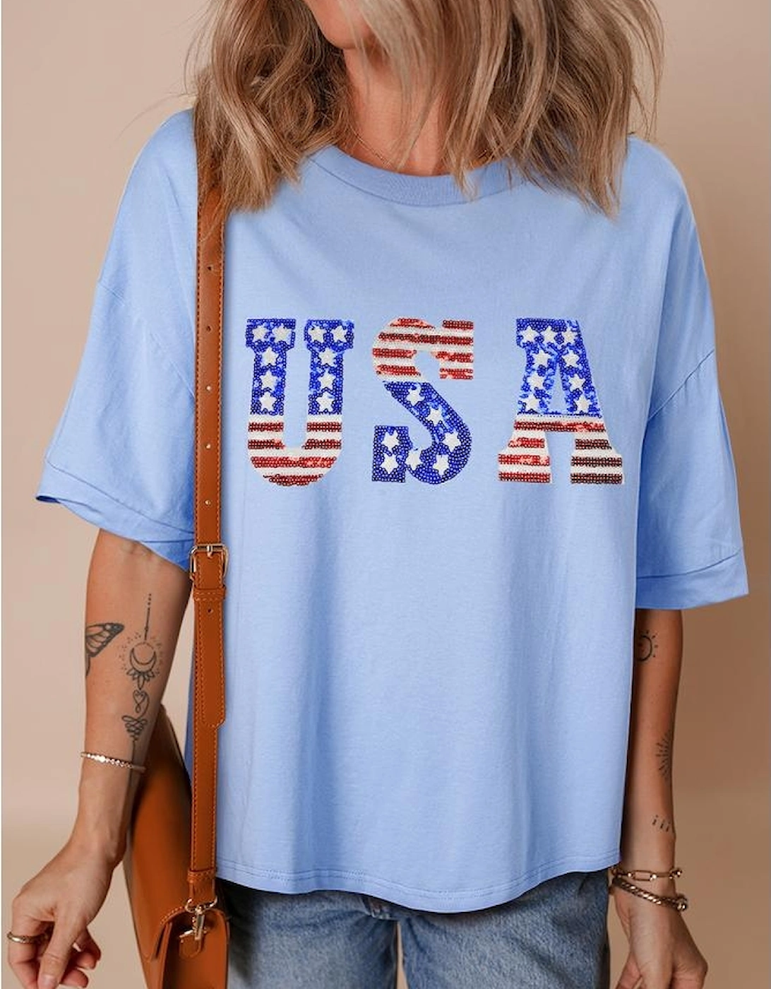 Myosotis USA Patched Drop Sleeve Crewneck T Shirt