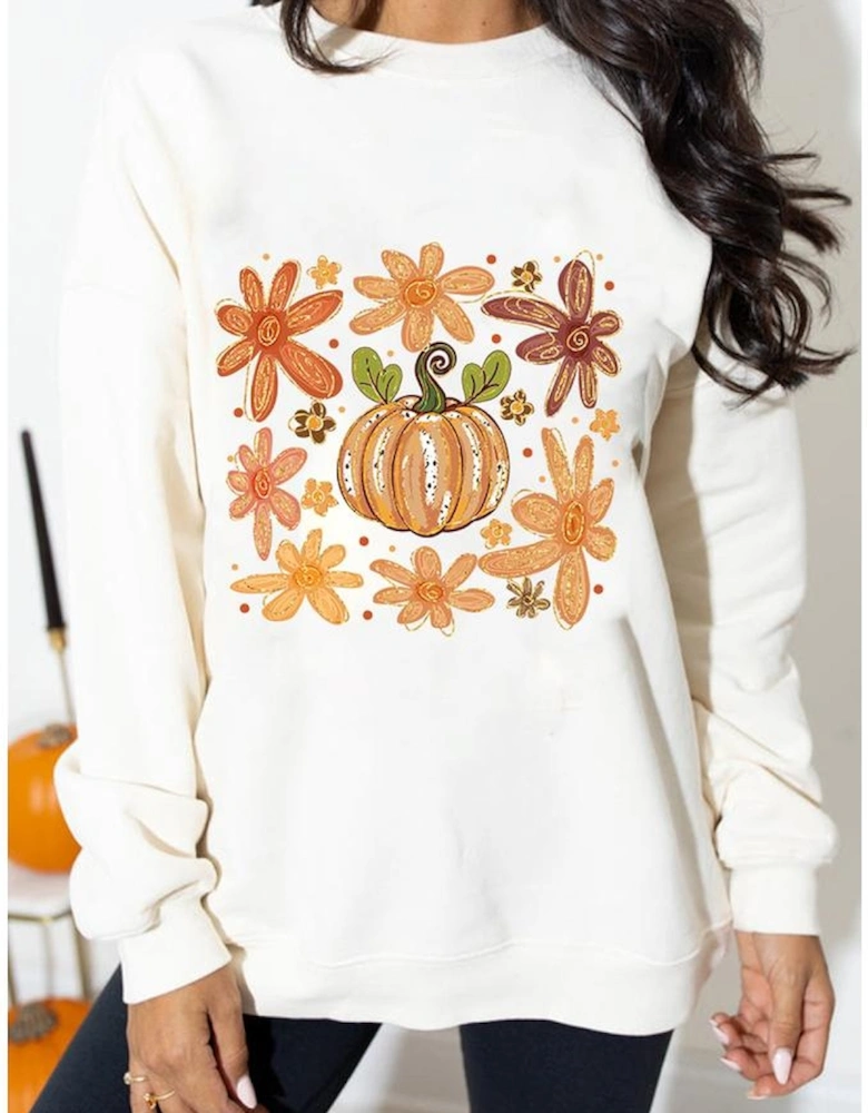 White Flower Pumpkin Printed Cotton Blend Sweatshirt