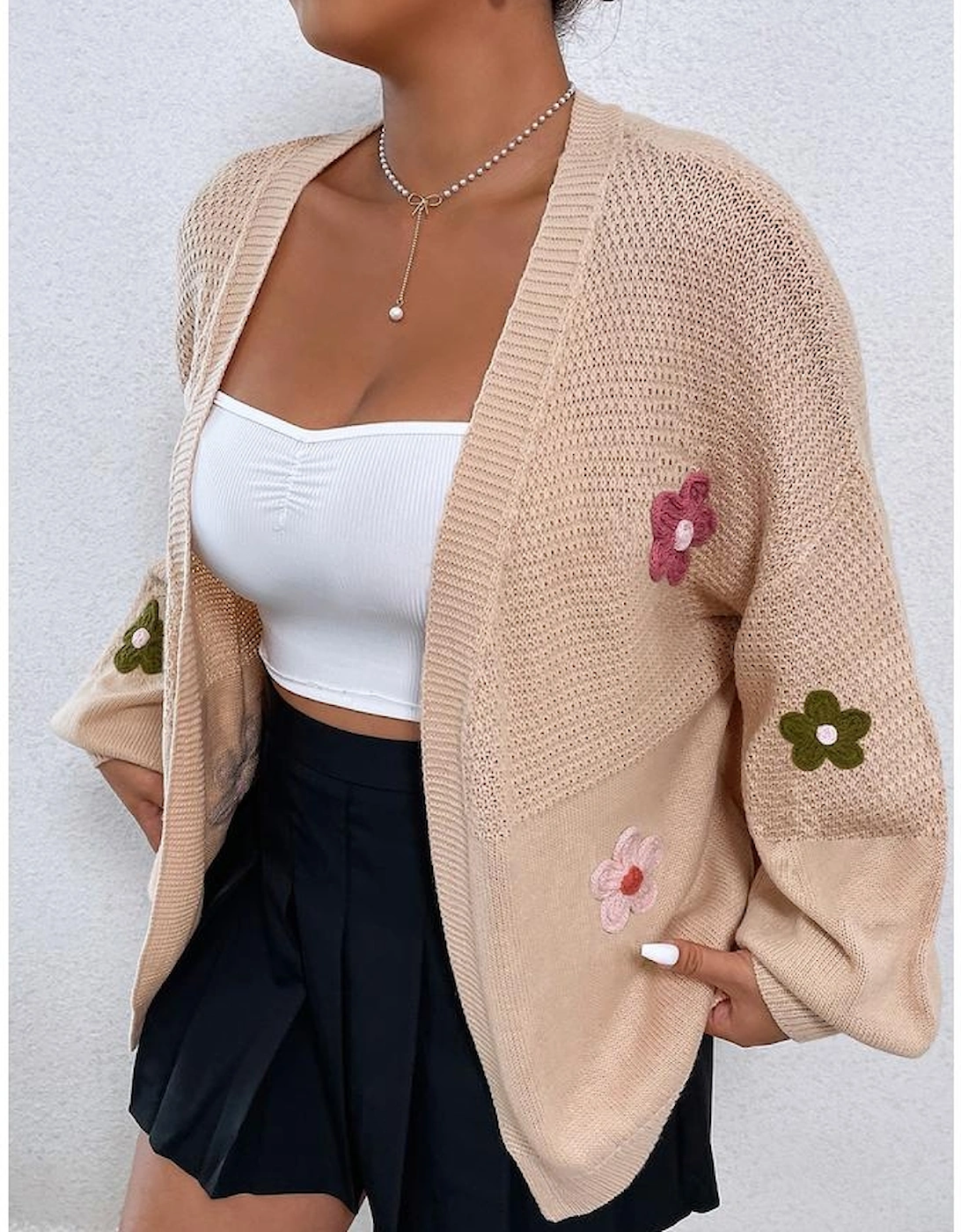 Smoke Gray Floral Applique Drop Shoulder Bubble Sleeve Cardigan