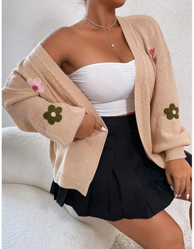 Smoke Gray Floral Applique Drop Shoulder Bubble Sleeve Cardigan