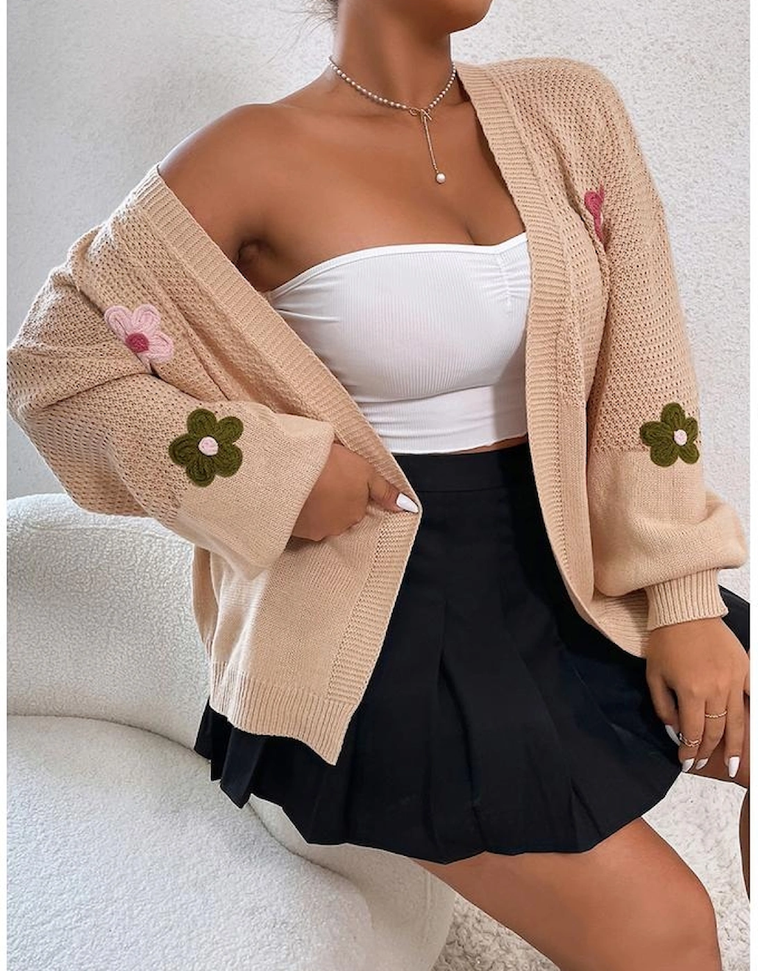 Smoke Gray Floral Applique Drop Shoulder Bubble Sleeve Cardigan, 5 of 4