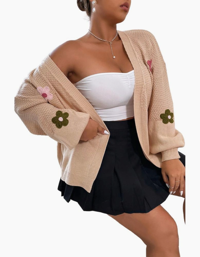 Smoke Gray Floral Applique Drop Shoulder Bubble Sleeve Cardigan