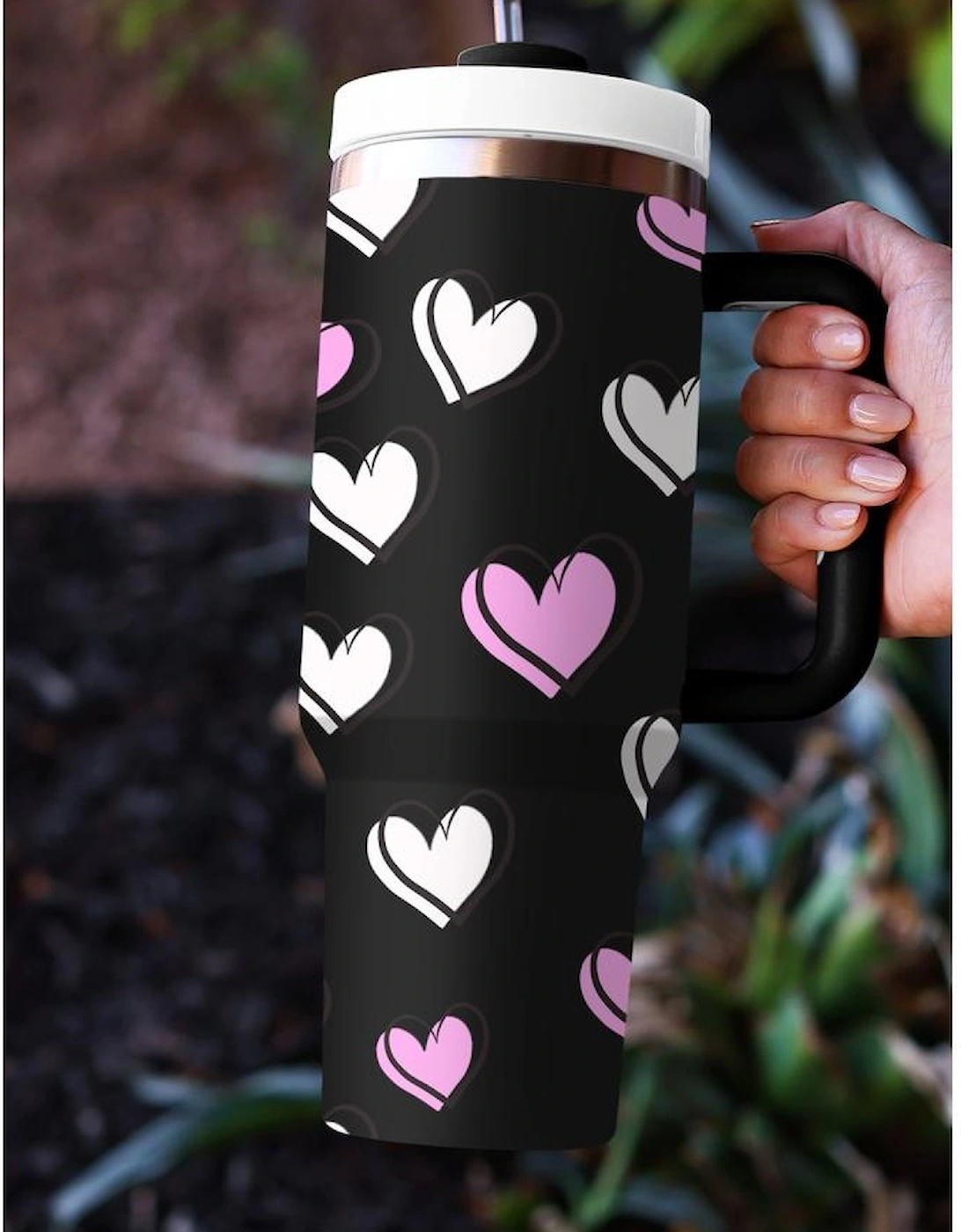 Azura Exchange Black Valentines Heart Printed Thermos Cup with Handle