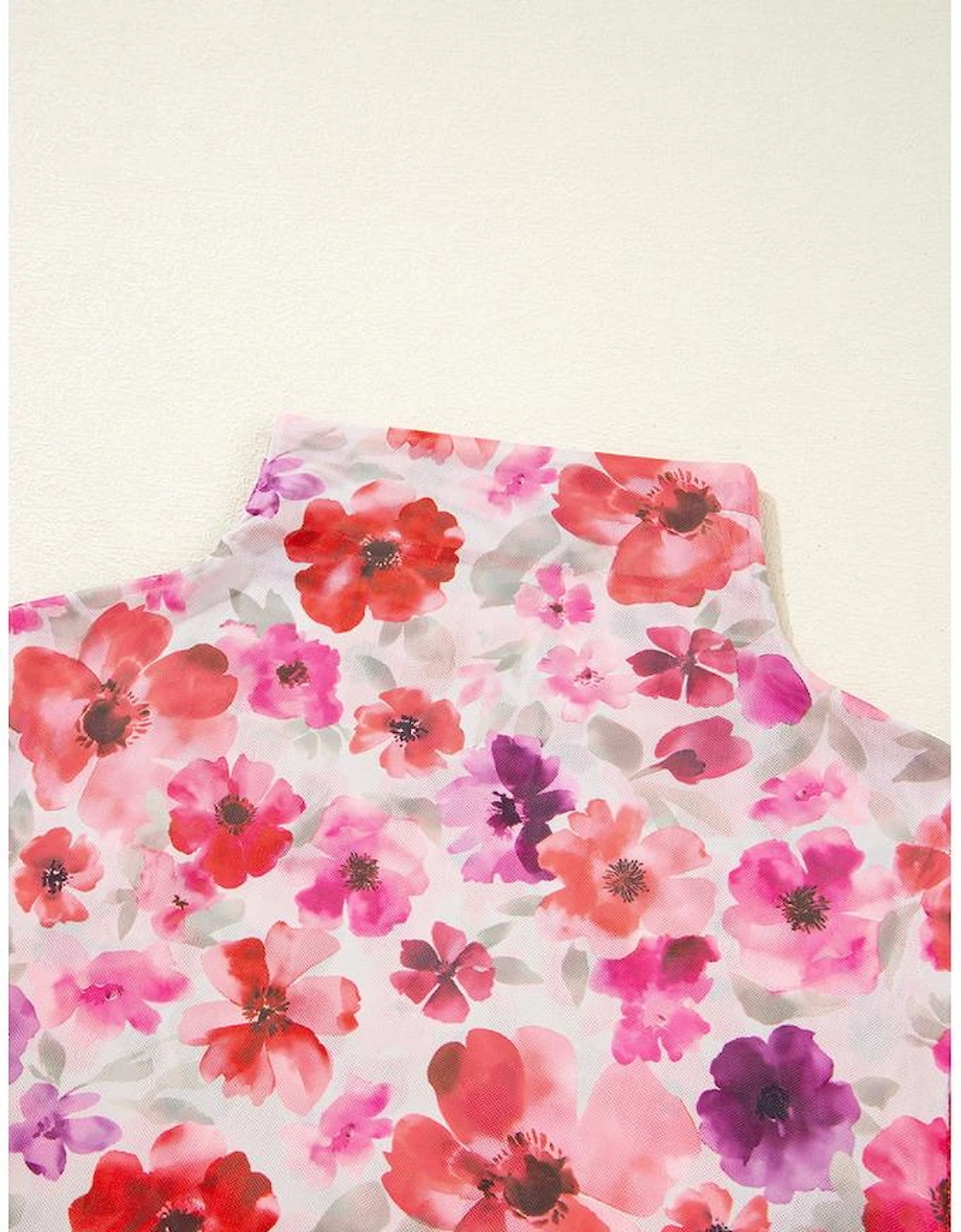 Red Floral Print Long Sleeve Slim Fit Mesh Top