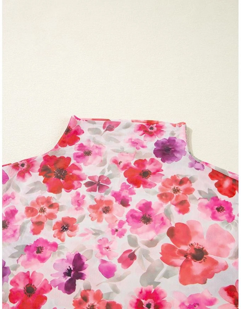 Red Floral Print Long Sleeve Slim Fit Mesh Top