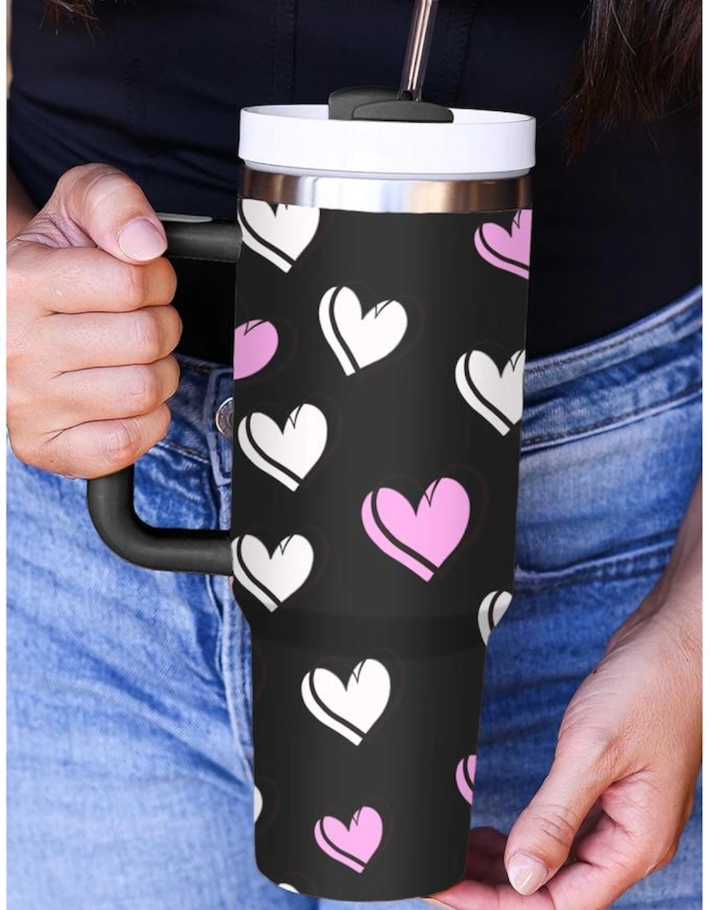Azura Exchange Black Valentines Heart Printed Thermos Cup with Handle